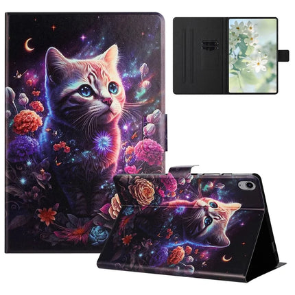 For iPad 10.9 (2022) Case Pattern Printed Stand Litchi Texture Leather Tablet Cover with Card Slots - Cat