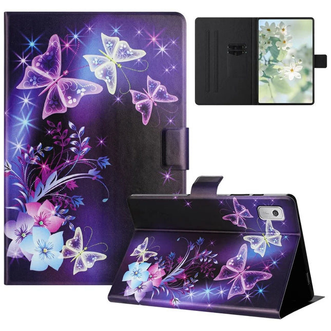 For Lenovo Tab M9 TB-310FU Case Pattern Printed Stand Litchi Texture Leather Tablet Cover with Card Slots - Purple Butterfly