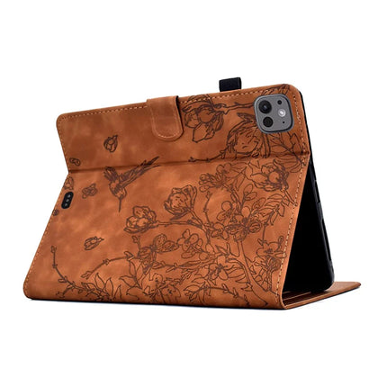 For iPad Pro 11 (2024) Case Flower Bird Imprinted Card Holder Leather Tablet Cover