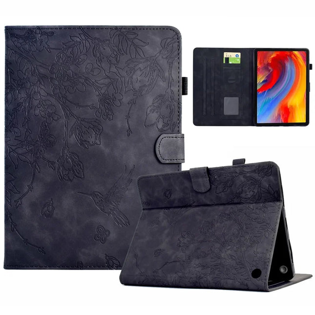 For Amazon Fire 7 (2022) Case Flower Bird Imprinted Card Holder Leather Tablet Cover - Black