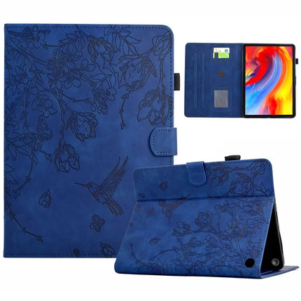 For Amazon Fire 7 (2022) Case Flower Bird Imprinted Card Holder Leather Tablet Cover - Dark Blue