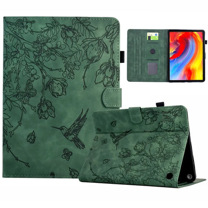 For Amazon Fire 7 (2022) Case Flower Bird Imprinted Card Holder Leather Tablet Cover - Green