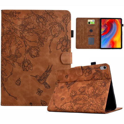 For iPad 10.9 (2022) Case Flower Bird Imprinted Card Holder Leather Tablet Cover - Brown
