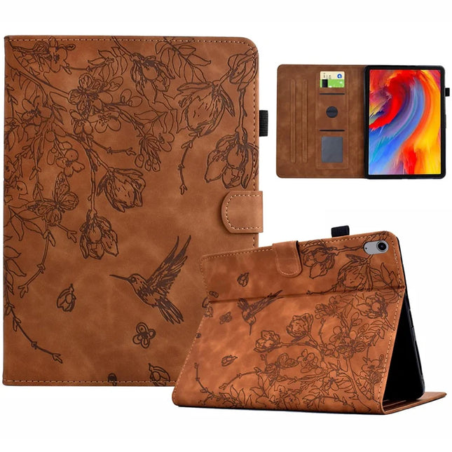 For iPad 10.9 (2022) Case Flower Bird Imprinted Card Holder Leather Tablet Cover - Brown