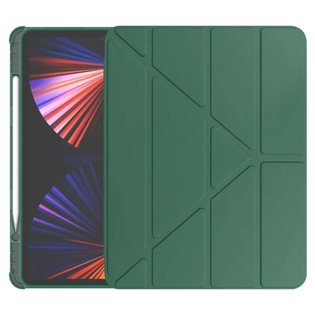 For iPad Pro 11 (2022) / (2021) / (2020) / (2018) Case Origami Stand PU Leather+TPU Tablet Cover with Pen Slot - Midnight Green