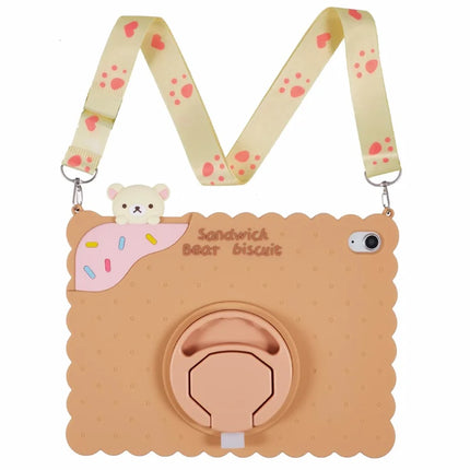 For iPad 10.9 (2022) Silicone Case Kickstand Cute Bear Tablet Cover with Shoulder Strap
