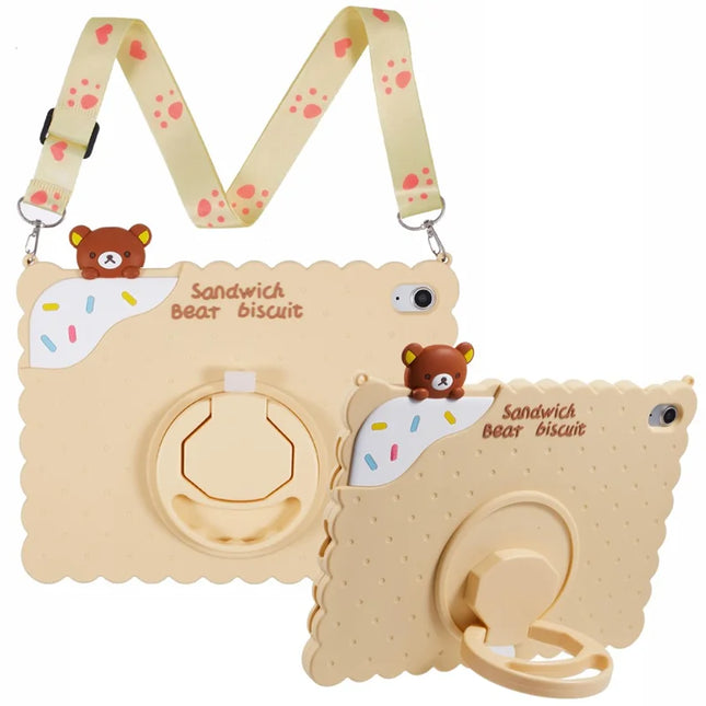 For iPad 10.9 (2022) Silicone Case Kickstand Cute Bear Tablet Cover with Shoulder Strap - Yellow