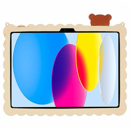 For iPad 10.9 (2022) Silicone Case Kickstand Cute Bear Tablet Cover with Shoulder Strap
