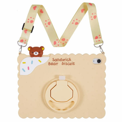 For iPad 10.9 (2022) Silicone Case Kickstand Cute Bear Tablet Cover with Shoulder Strap