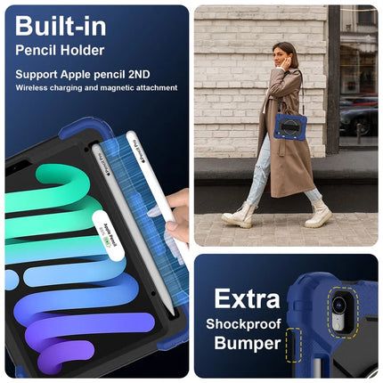 For iPad mini (2024) / (2021) Case Silicone+PC Kickstand Tablet Cover with Handy Strap