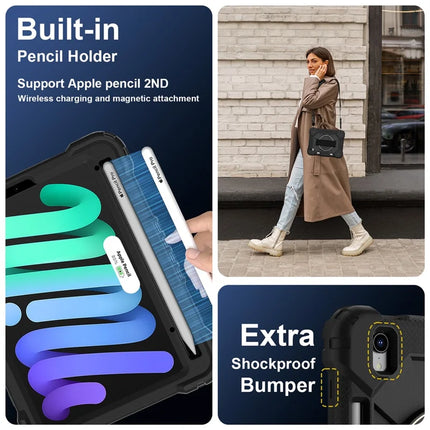 For iPad mini (2024) / (2021) Case Silicone+PC Kickstand Tablet Cover with Handy Strap