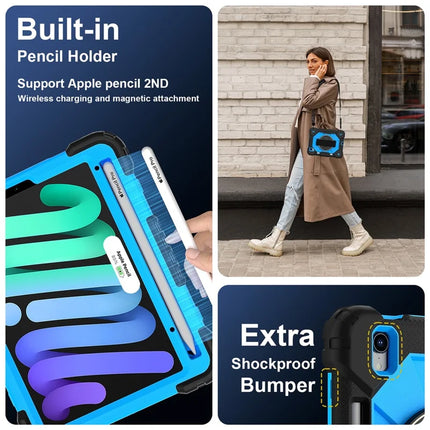 For iPad mini (2024) / (2021) Case Silicone+PC Kickstand Tablet Cover with Handy Strap