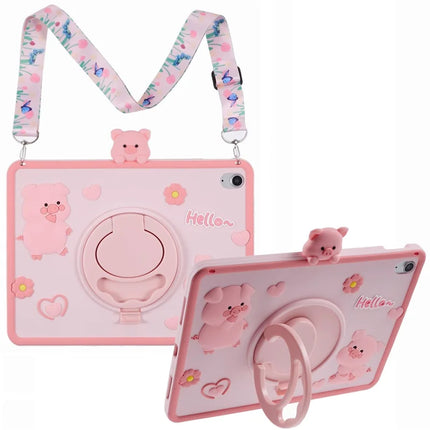 For iPad 10.9 (2022) Silicone Case with Shoulder Strap Kickstand Cartoon Pig Tablet Cover