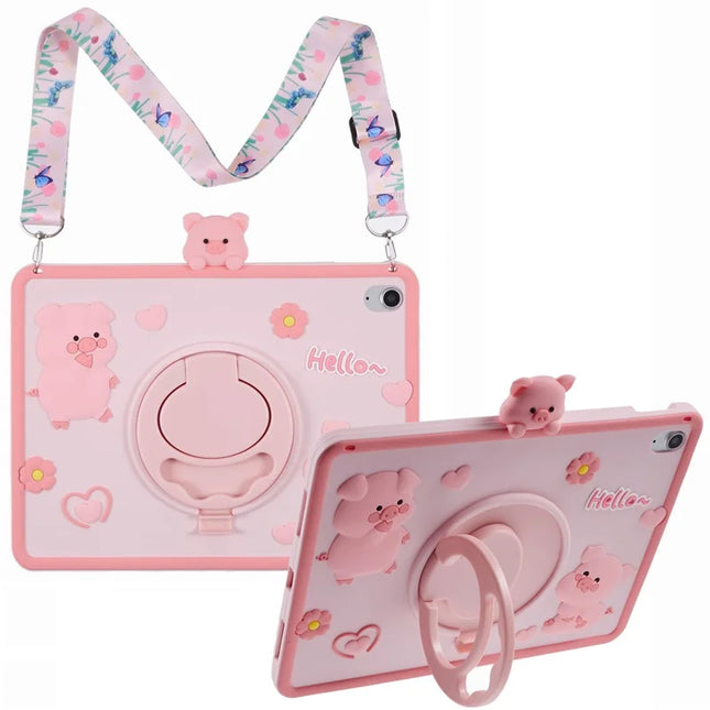 For iPad 10.9 (2022) Silicone Case with Shoulder Strap Kickstand Cartoon Pig Tablet Cover