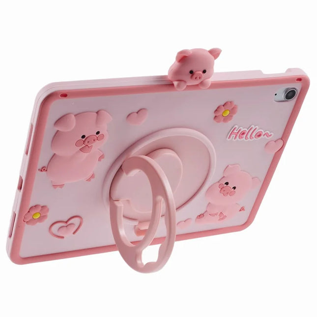 For iPad 10.9 (2022) Silicone Case with Shoulder Strap Kickstand Cartoon Pig Tablet Cover