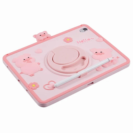 For iPad 10.9 (2022) Silicone Case with Shoulder Strap Kickstand Cartoon Pig Tablet Cover