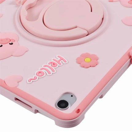 For iPad 10.9 (2022) Silicone Case with Shoulder Strap Kickstand Cartoon Pig Tablet Cover