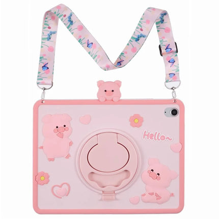 For iPad 10.9 (2022) Silicone Case with Shoulder Strap Kickstand Cartoon Pig Tablet Cover