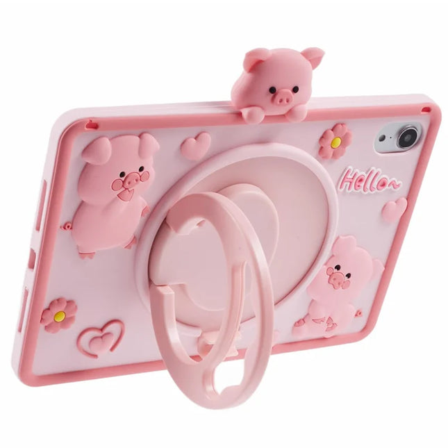 For iPad mini (2024) / mini (2021) Silicone Case with Shoulder Strap Kickstand Cartoon Pig Tablet Cover
