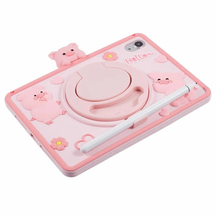 For iPad mini (2024) / mini (2021) Silicone Case with Shoulder Strap Kickstand Cartoon Pig Tablet Cover