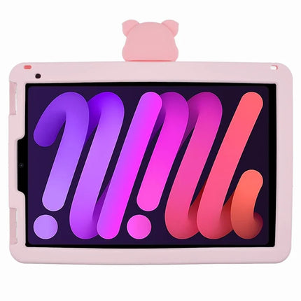 For iPad mini (2024) / mini (2021) Silicone Case with Shoulder Strap Kickstand Cartoon Pig Tablet Cover
