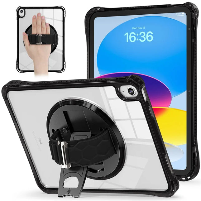 For iPad 10.9 (2022) Case Hand Strap Kickstand PC+TPU+Acrylic Clear Tablet Cover - Black