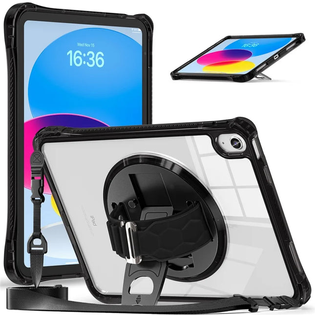 For iPad 10.9 (2022) Kickstand Case Hand Strap PC+TPU+Acrylic Cover with Shoulder Strap - Black
