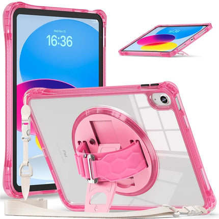 For iPad 10.9 (2022) Kickstand Case Hand Strap PC+TPU+Acrylic Cover with Shoulder Strap - Rose
