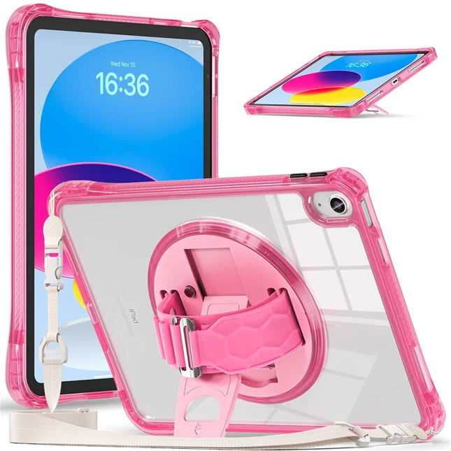For iPad 10.9 (2022) Kickstand Case Hand Strap PC+TPU+Acrylic Cover with Shoulder Strap - Rose