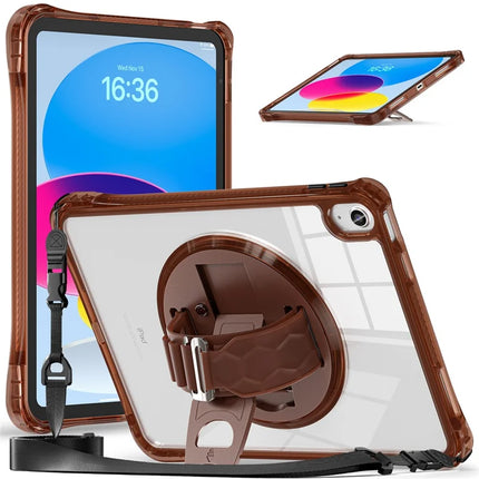 For iPad 10.9 (2022) Kickstand Case Hand Strap PC+TPU+Acrylic Cover with Shoulder Strap - Chocolate Color