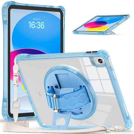 For iPad 10.9 (2022) Kickstand Case Hand Strap PC+TPU+Acrylic Cover with Shoulder Strap - Baby Blue