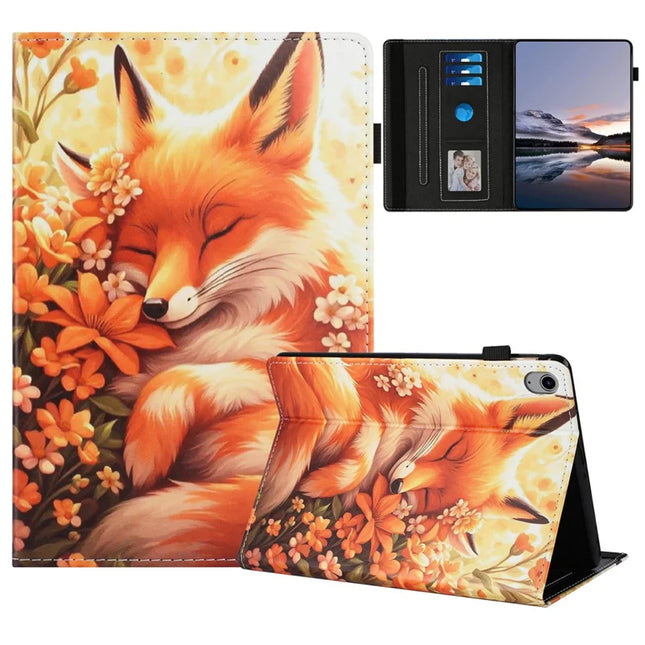 For iPad 10.9 (2022) Case Pattern Leather Tablet Cover with Auto Sleep / Wake, Card Holder - Flower Fox