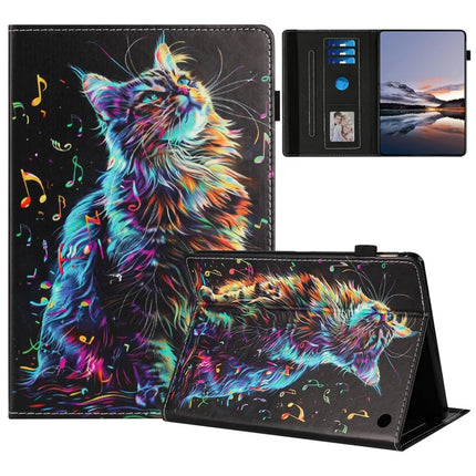 For Amazon Kindle Fire Max 11 2023 Case Pattern Leather Tablet Cover with Auto Sleep / Wake, Card Holder - Musical Note Cat