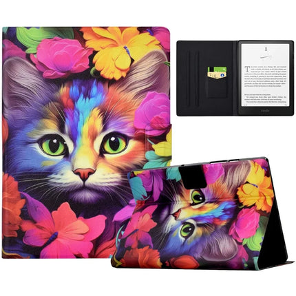 For Amazon Kindle Paperwhite (2024) Case Pattern Print Leather E-Reader Cover - Rose Cat