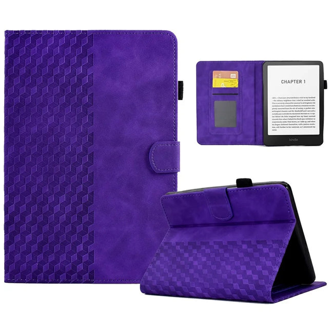 For Amazon Kindle Paperwhite (2024) Case Card Slots Leather E-Reader Cover Block Pattern - Purple