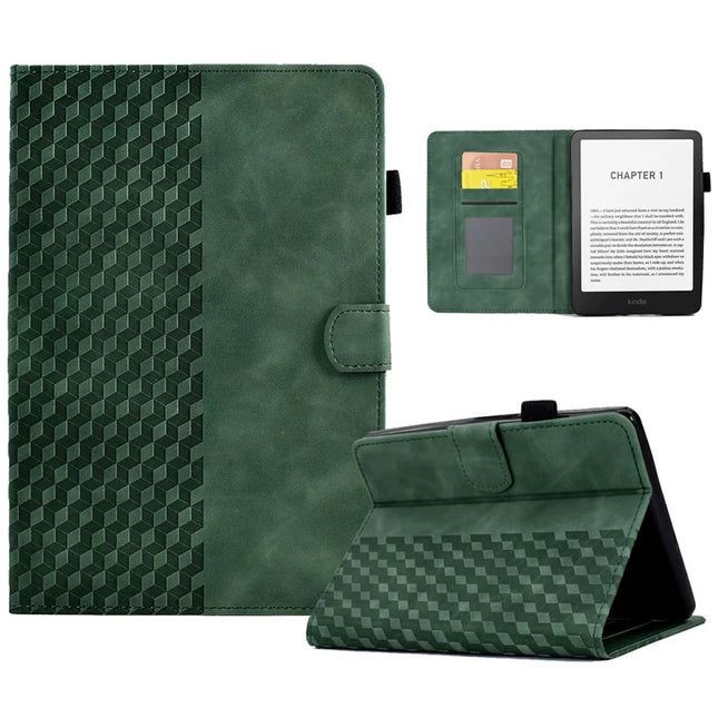 For Amazon Kindle Paperwhite (2024) Case Card Slots Leather E-Reader Cover Block Pattern - Green