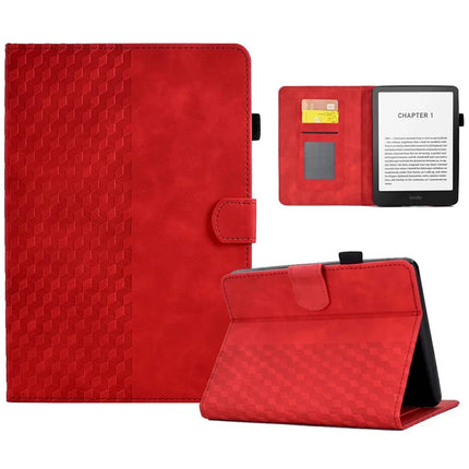 For Amazon Kindle Paperwhite (2024) Case Card Slots Leather E-Reader Cover Block Pattern - Red