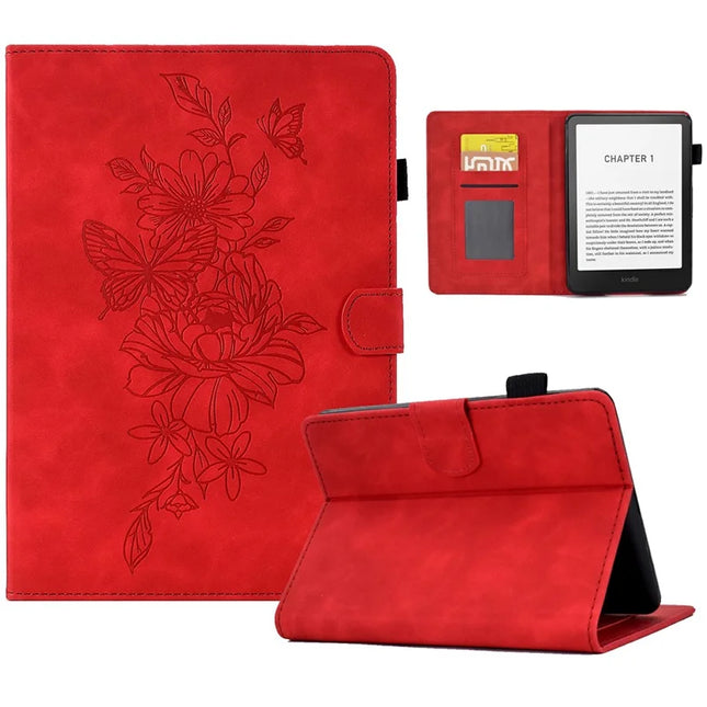 For Amazon Kindle Paperwhite (2024) Case Flower Butterfly Imprinted Card Slots Leather Cover - Red