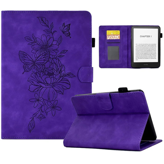 For Amazon Kindle Paperwhite (2024) Case Flower Butterfly Imprinted Card Slots Leather Cover - Purple