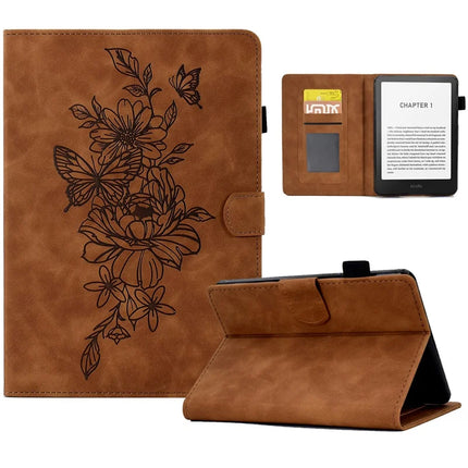 For Amazon Kindle Paperwhite (2024) Case Flower Butterfly Imprinted Card Slots Leather Cover - Brown