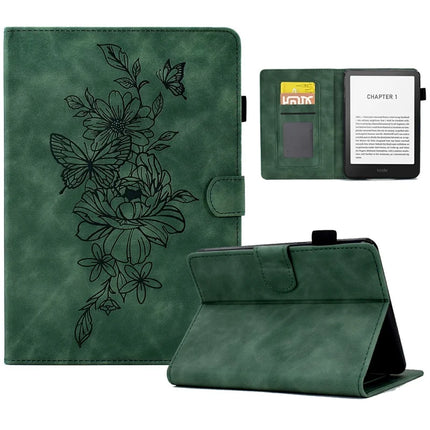 For Amazon Kindle Paperwhite (2024) Case Flower Butterfly Imprinted Card Slots Leather Cover - Green