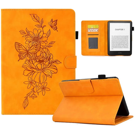 For Amazon Kindle Paperwhite (2024) Case Flower Butterfly Imprinted Card Slots Leather Cover - Khaki