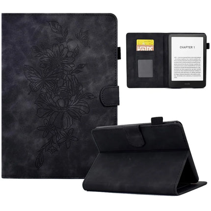 For Amazon Kindle Paperwhite (2024) Case Flower Butterfly Imprinted Card Slots Leather Cover - Black