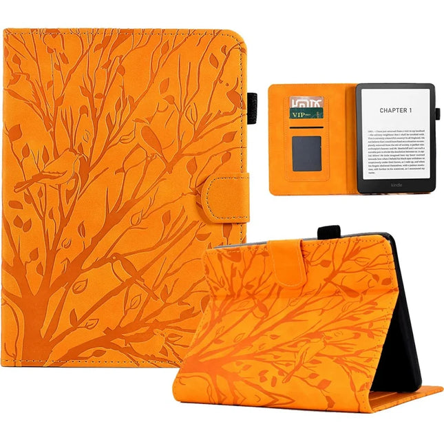 For Amazon Kindle Paperwhite (2024) Leather Case Tree Pattern Card Slots Stand E-Reader Cover - Khaki