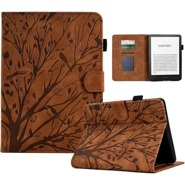 For Amazon Kindle Paperwhite (2024) Leather Case Tree Pattern Card Slots Stand E-Reader Cover - Brown
