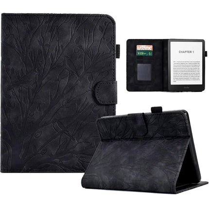 For Amazon Kindle Paperwhite (2024) Leather Case Tree Pattern Card Slots Stand E-Reader Cover - Black