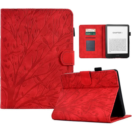 For Amazon Kindle Paperwhite (2024) Leather Case Tree Pattern Card Slots Stand E-Reader Cover - Red
