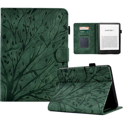 For Amazon Kindle Paperwhite (2024) Leather Case Tree Pattern Card Slots Stand E-Reader Cover - Green