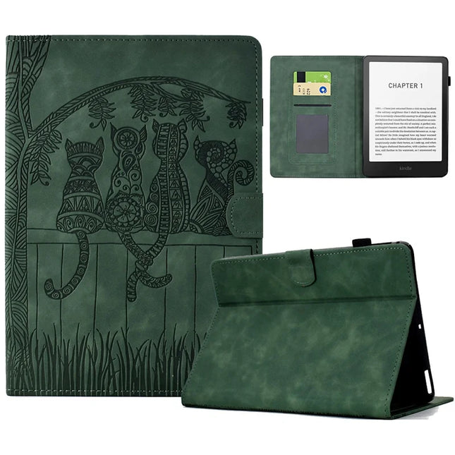 For Amazon Kindle Paperwhite (2024) Case Cats Imprinted PU Leather Card Slots E-Reader Cover - Green