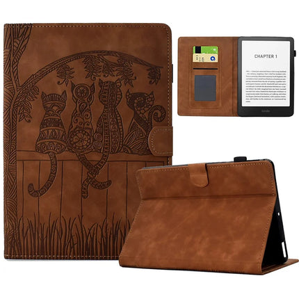 For Amazon Kindle Paperwhite (2024) Case Cats Imprinted PU Leather Card Slots E-Reader Cover - Brown